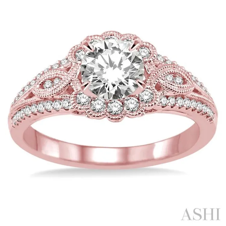 1 1/6 Ctw Diamond Engagement Ring with 3/4 Ct Round Cut Center Stone in 14K Rose Gold