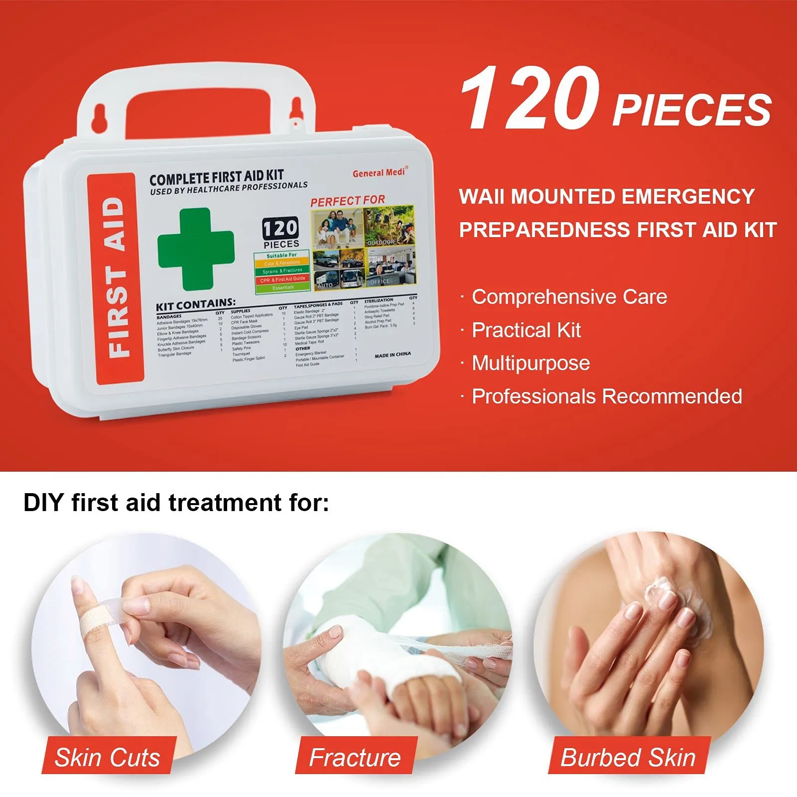120 Pieces Hardcase First Aid Kit - Includes Instant Cold Pack, Emergency Blanket for Travel, Home, Office, Vehicle, Camping, Workplace & Outdoor