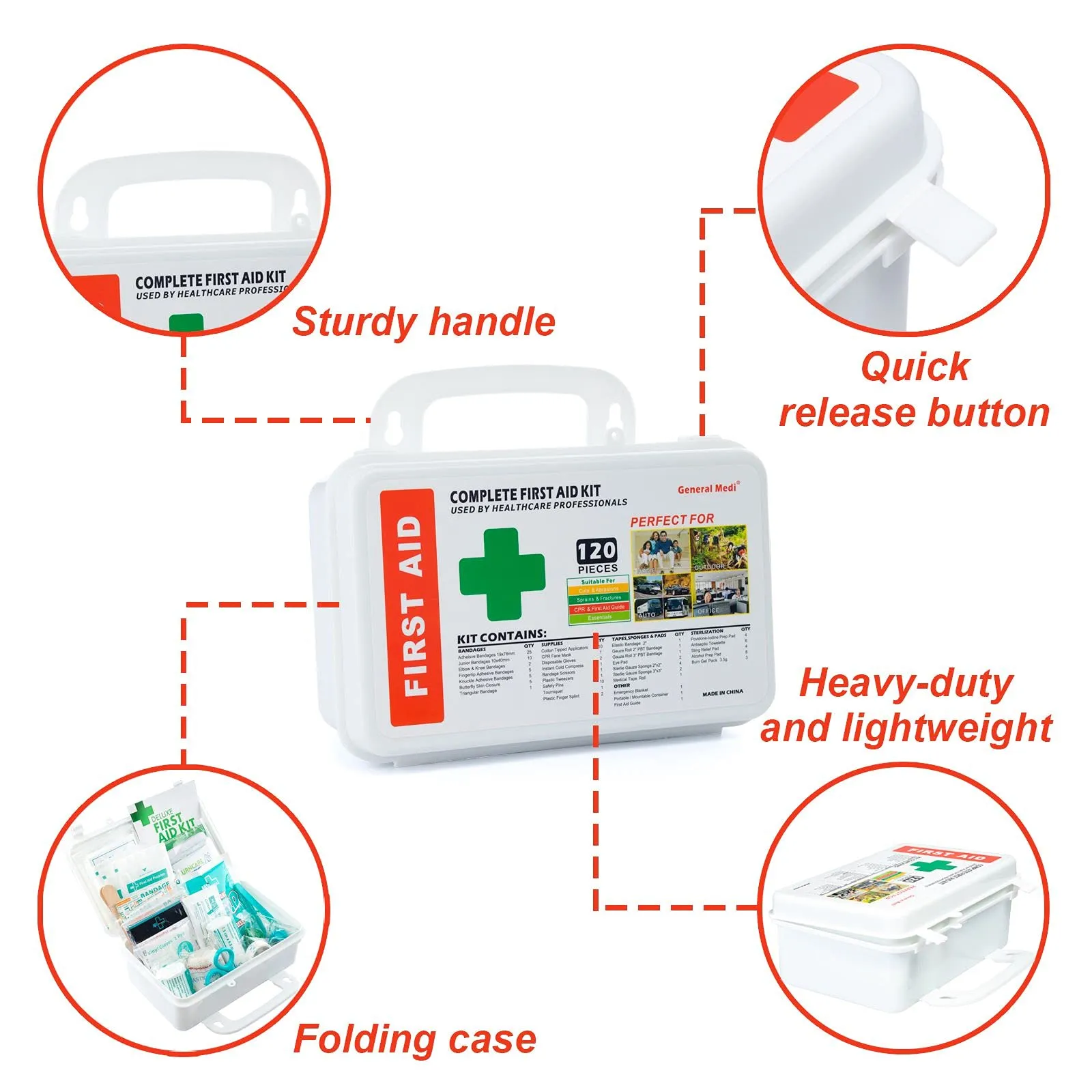 120 Pieces Hardcase First Aid Kit - Includes Instant Cold Pack, Emergency Blanket for Travel, Home, Office, Vehicle, Camping, Workplace & Outdoor