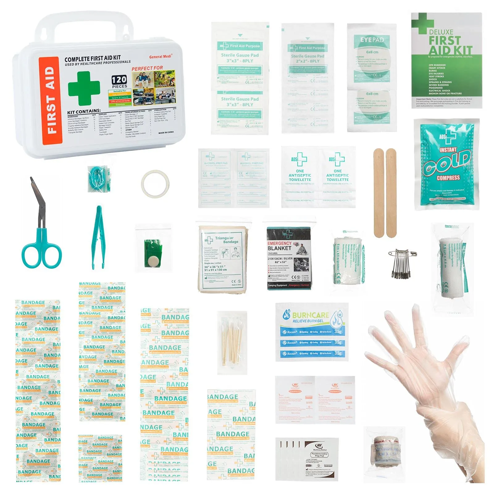 120 Pieces Hardcase First Aid Kit - Includes Instant Cold Pack, Emergency Blanket for Travel, Home, Office, Vehicle, Camping, Workplace & Outdoor