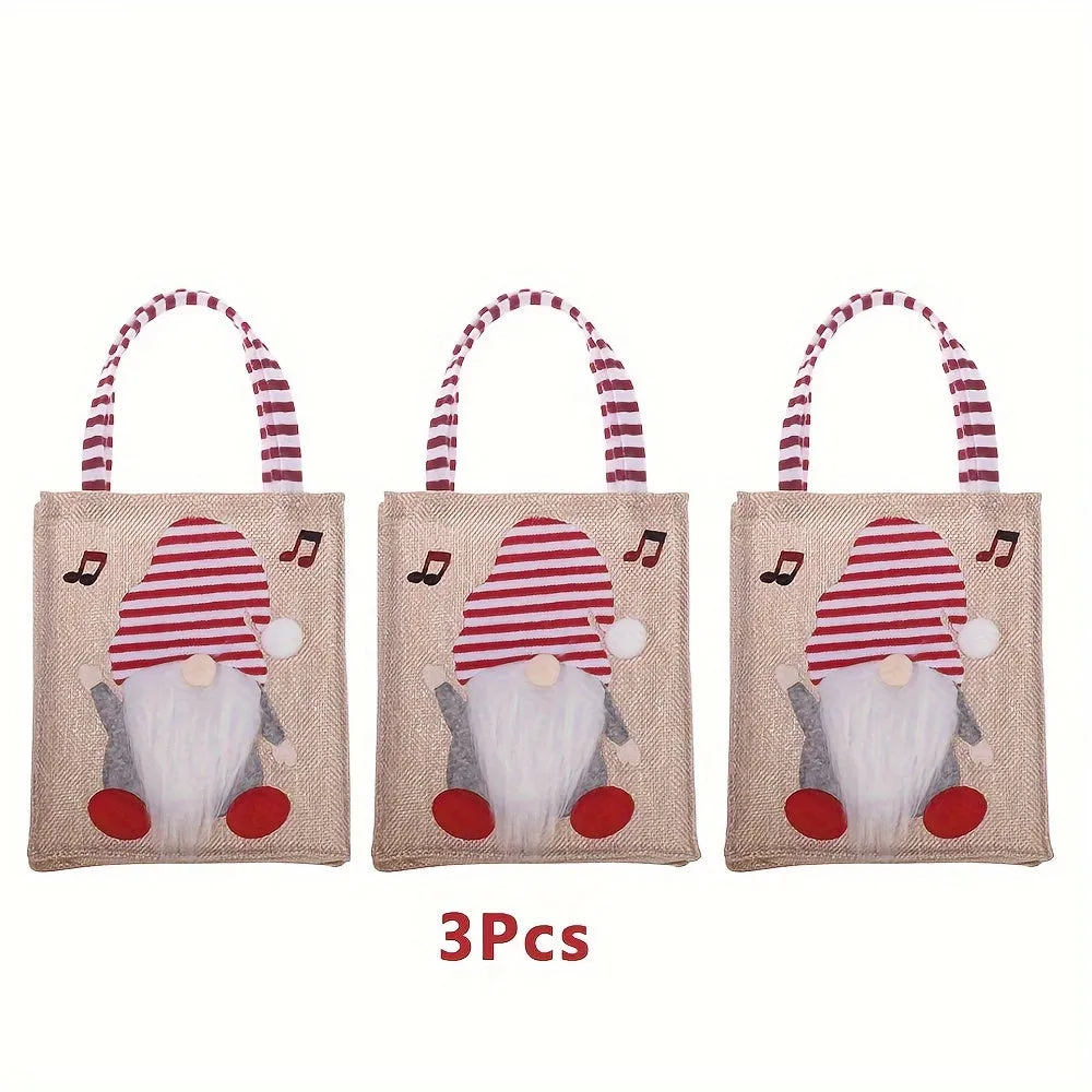 3-Piece Set of Festive Reusable Burlap Tote Bags with Cartoon Gnome Design for Christmas Gifts, Party Favors, Candy, and Holiday Decorations