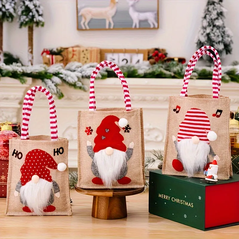 3-Piece Set of Festive Reusable Burlap Tote Bags with Cartoon Gnome Design for Christmas Gifts, Party Favors, Candy, and Holiday Decorations
