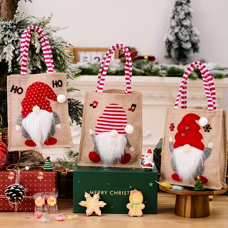 3-Piece Set of Festive Reusable Burlap Tote Bags with Cartoon Gnome Design for Christmas Gifts, Party Favors, Candy, and Holiday Decorations