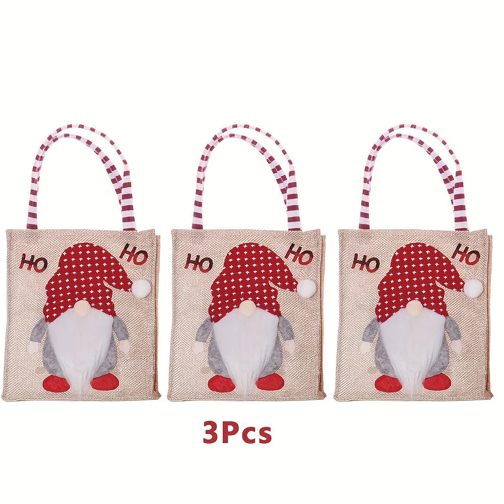 3-Piece Set of Festive Reusable Burlap Tote Bags with Cartoon Gnome Design for Christmas Gifts, Party Favors, Candy, and Holiday Decorations