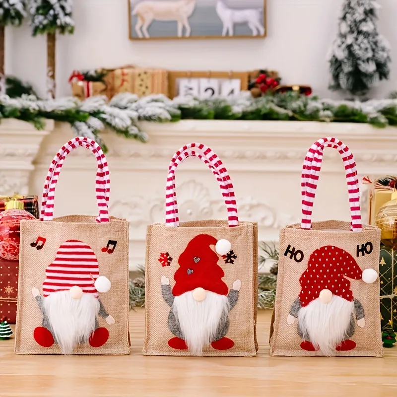 3-Piece Set of Festive Reusable Burlap Tote Bags with Cartoon Gnome Design for Christmas Gifts, Party Favors, Candy, and Holiday Decorations