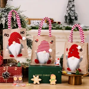 3-Piece Set of Festive Reusable Burlap Tote Bags with Cartoon Gnome Design for Christmas Gifts, Party Favors, Candy, and Holiday Decorations