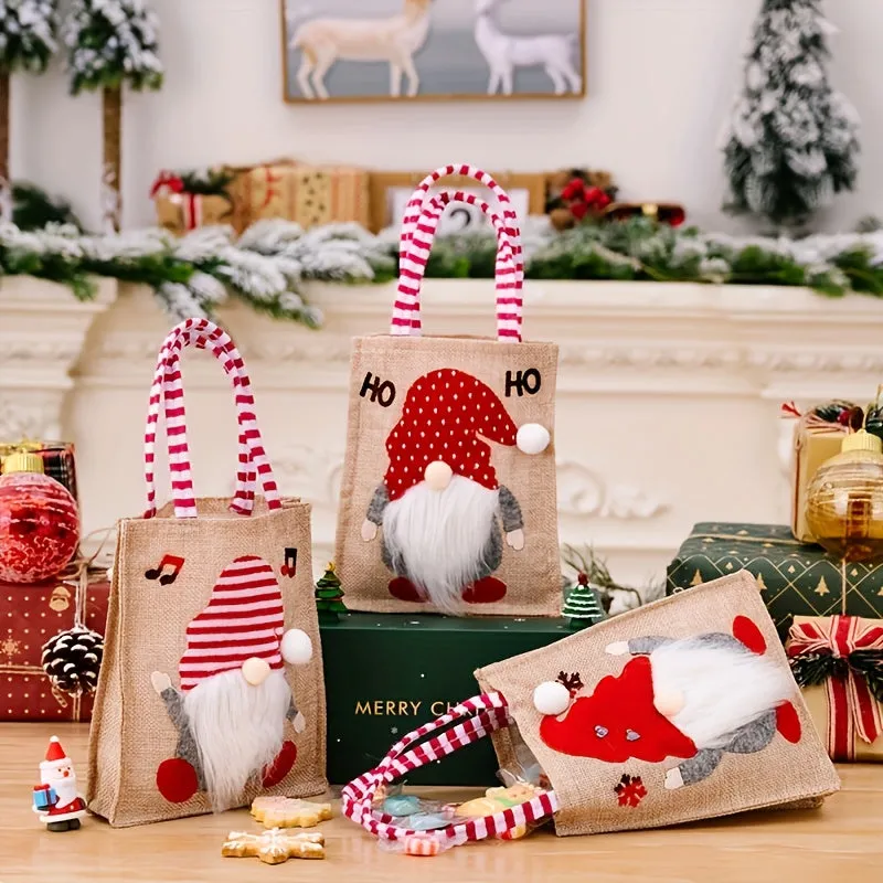 3-Piece Set of Festive Reusable Burlap Tote Bags with Cartoon Gnome Design for Christmas Gifts, Party Favors, Candy, and Holiday Decorations