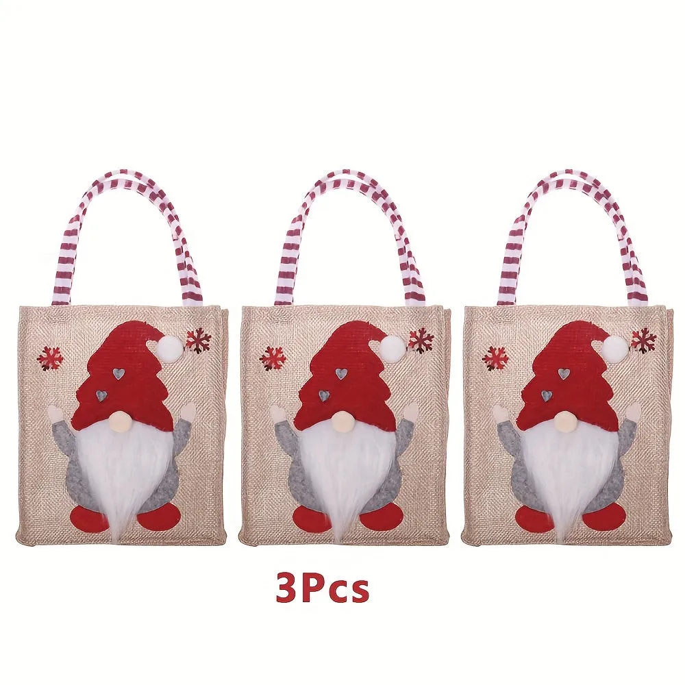 3-Piece Set of Festive Reusable Burlap Tote Bags with Cartoon Gnome Design for Christmas Gifts, Party Favors, Candy, and Holiday Decorations