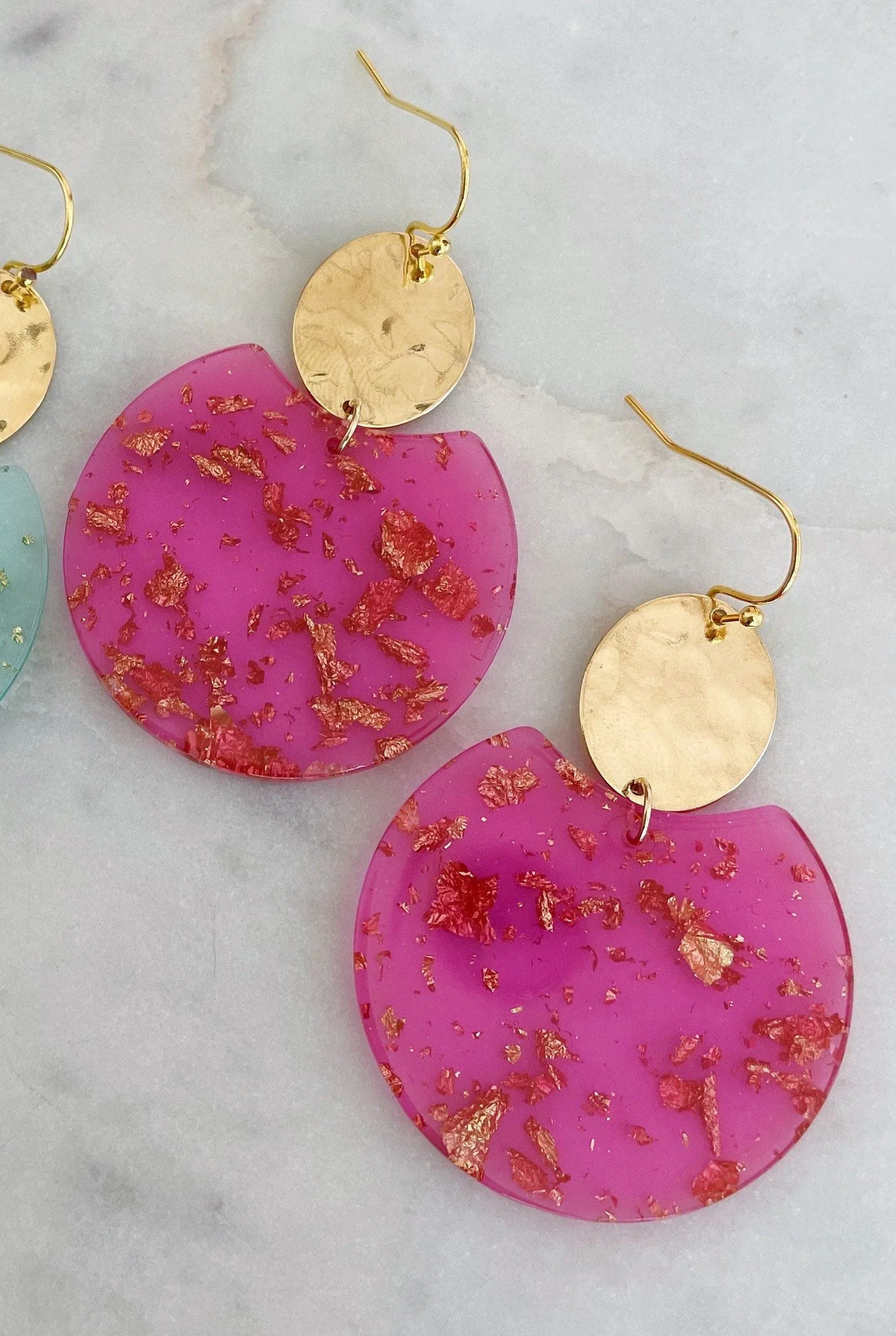 Acrylic Earrings, Acrylic Jewelry, Hot Pink Statement Earrings, Gold Earrings, 21st Birthday Gift, Gold Flake Earrings
