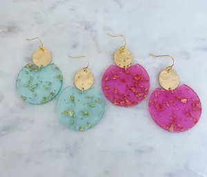 Acrylic Earrings, Acrylic Jewelry, Hot Pink Statement Earrings, Gold Earrings, 21st Birthday Gift, Gold Flake Earrings