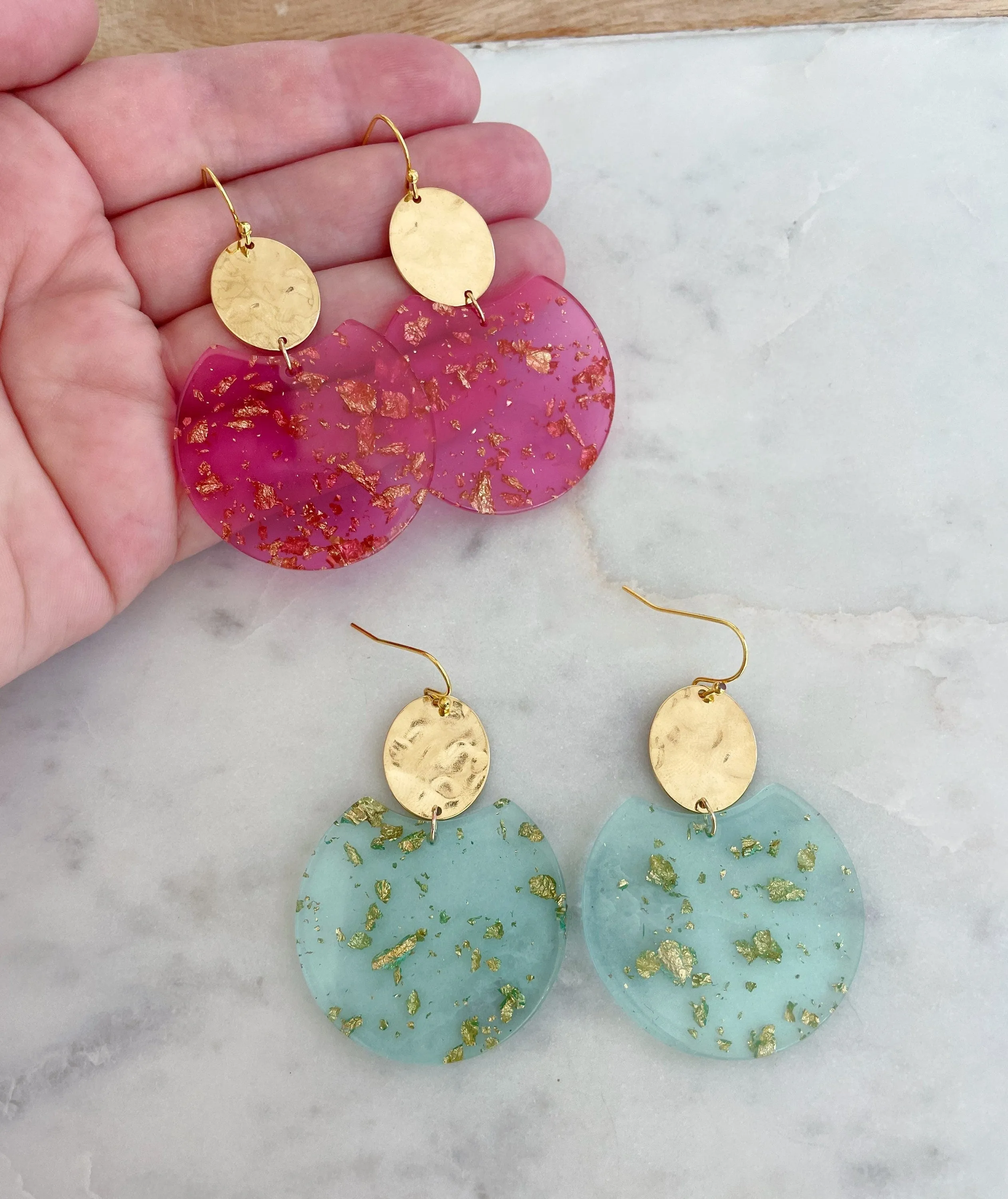 Acrylic Earrings, Acrylic Jewelry, Hot Pink Statement Earrings, Gold Earrings, 21st Birthday Gift, Gold Flake Earrings