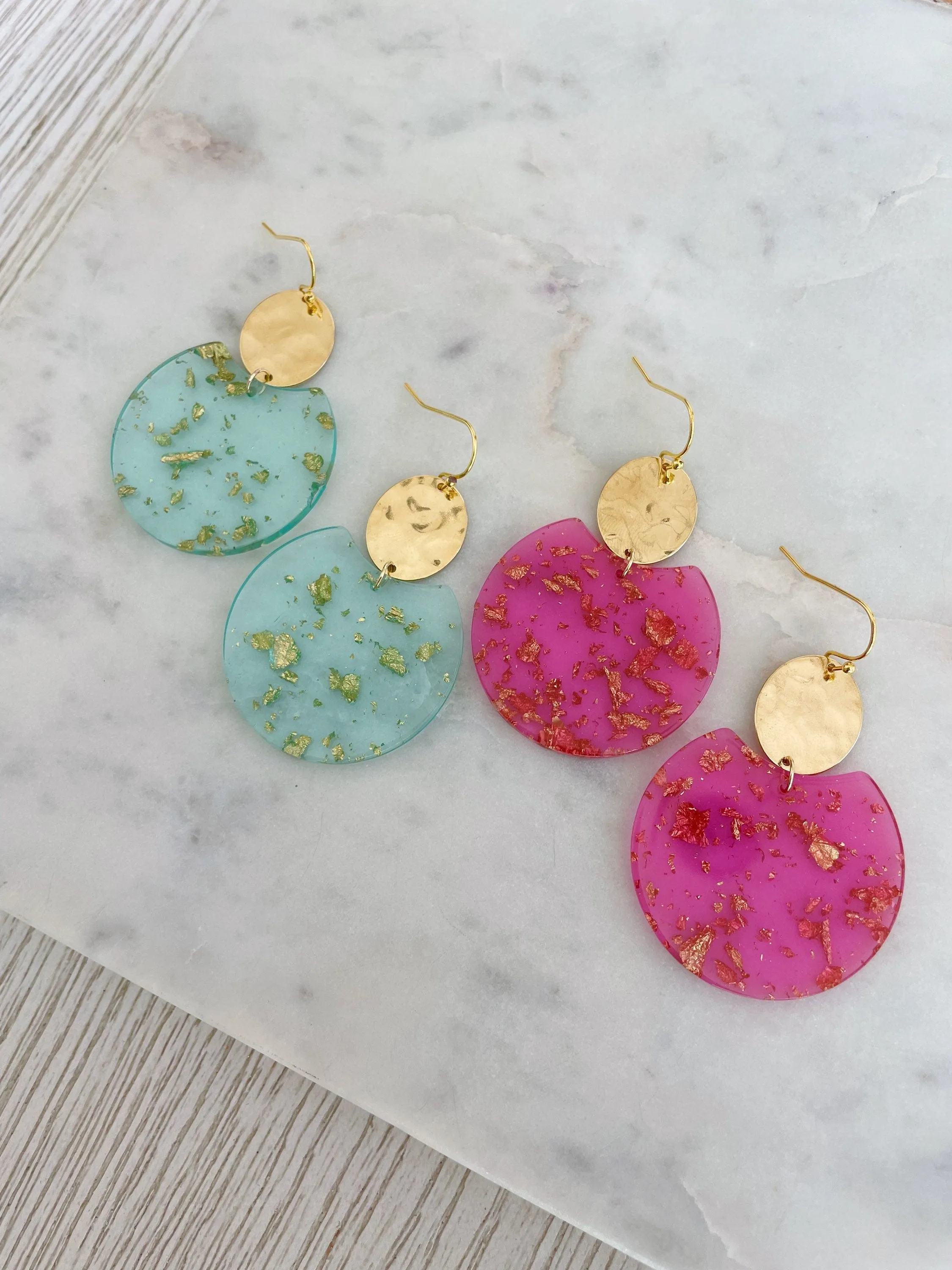 Acrylic Earrings, Acrylic Jewelry, Hot Pink Statement Earrings, Gold Earrings, 21st Birthday Gift, Gold Flake Earrings