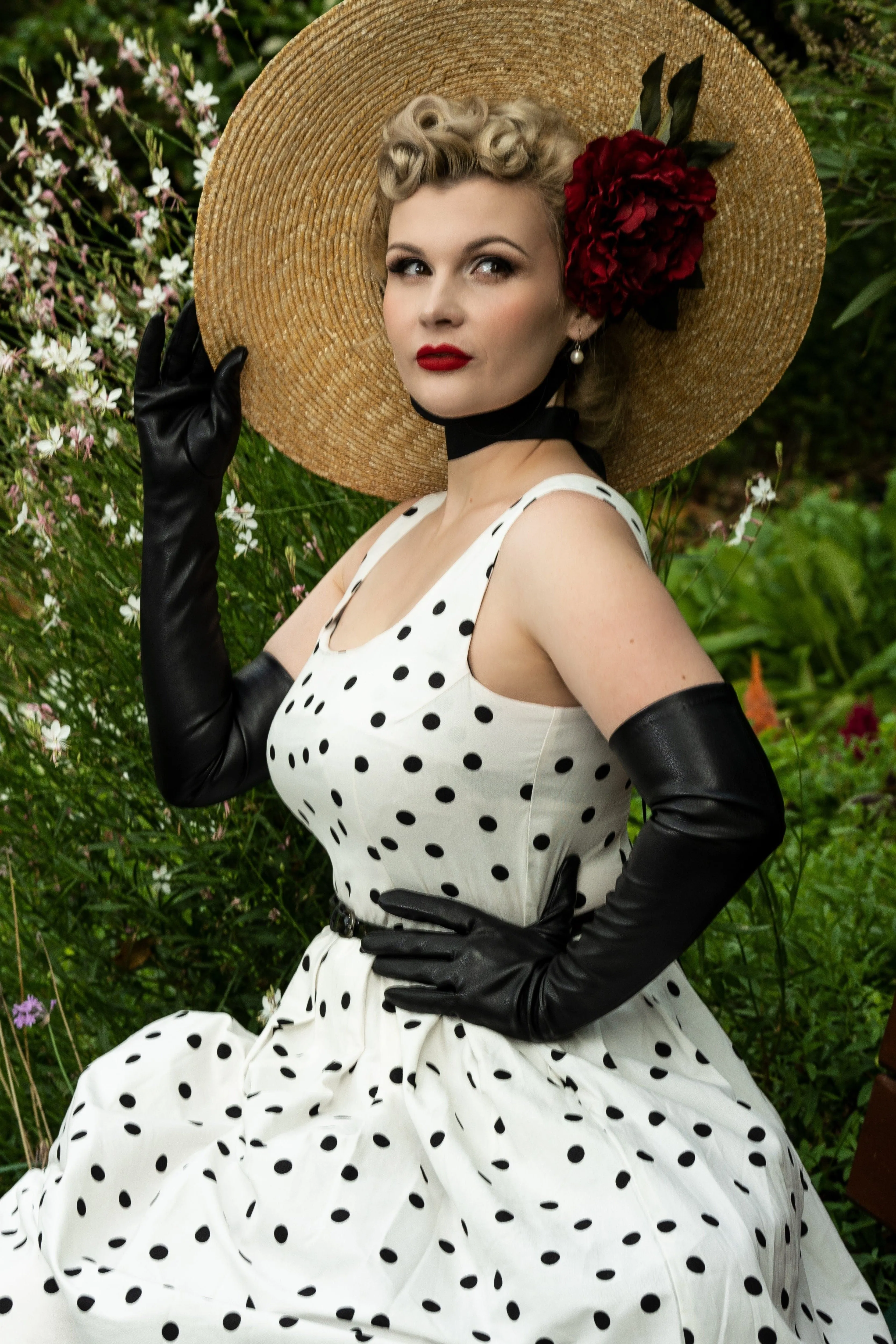 Amanda Scoop Neck Polka Dot Swing Dress in White-Black