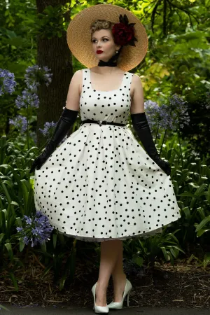 Amanda Scoop Neck Polka Dot Swing Dress in White-Black