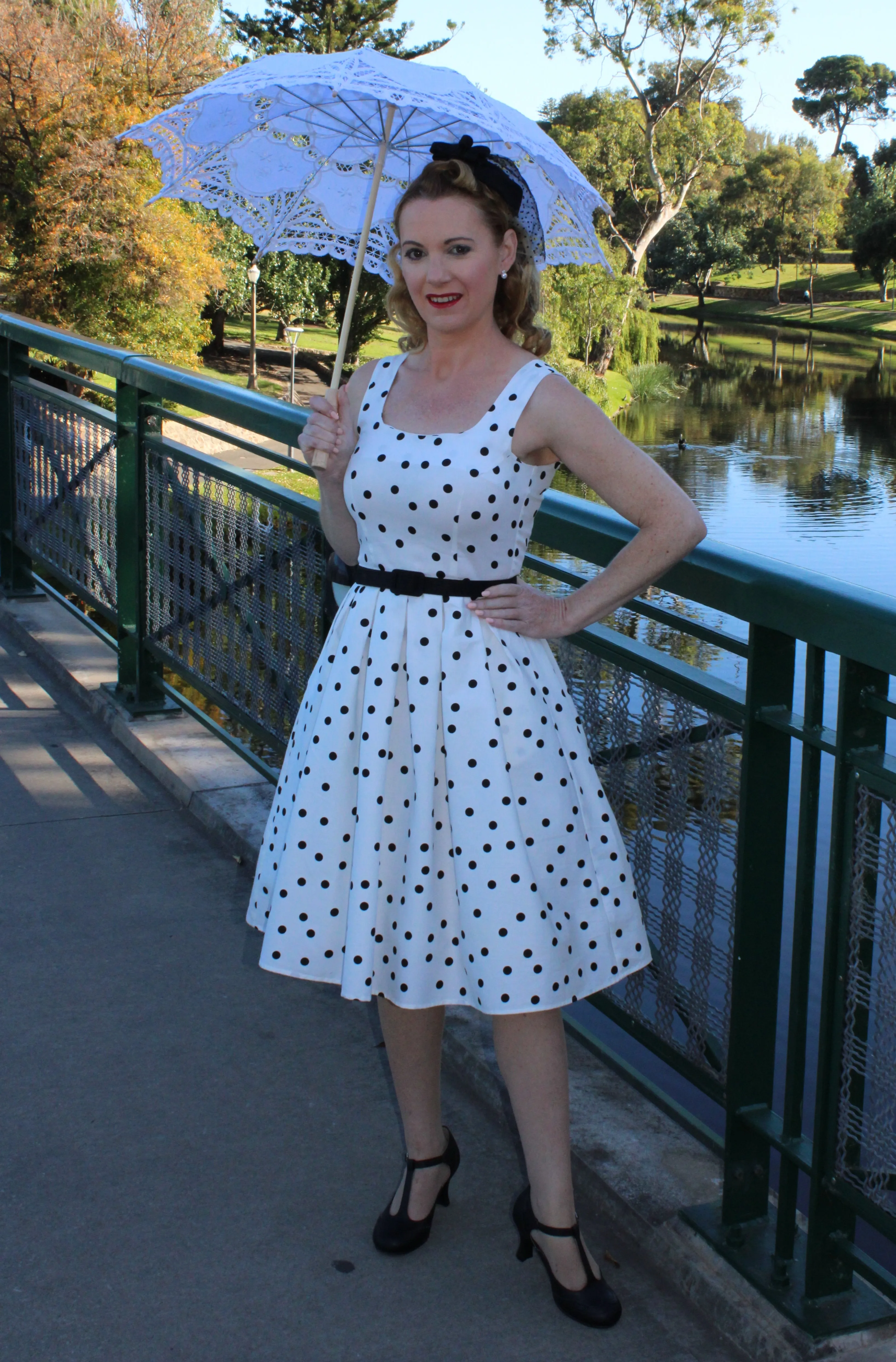 Amanda Scoop Neck Polka Dot Swing Dress in White-Black