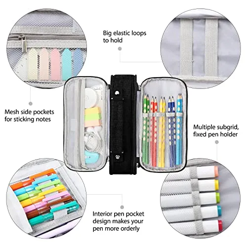 Ayieyill Big Capacity Pencil Case,Large Storage Pencil Pouch Pen Case Bag with Zipper,Cute Pencil Case for School College Student Office Supplies Girls Teen Kids Adult(Black)