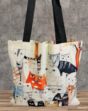 Beige-Multi Cat Linen Tote Bag