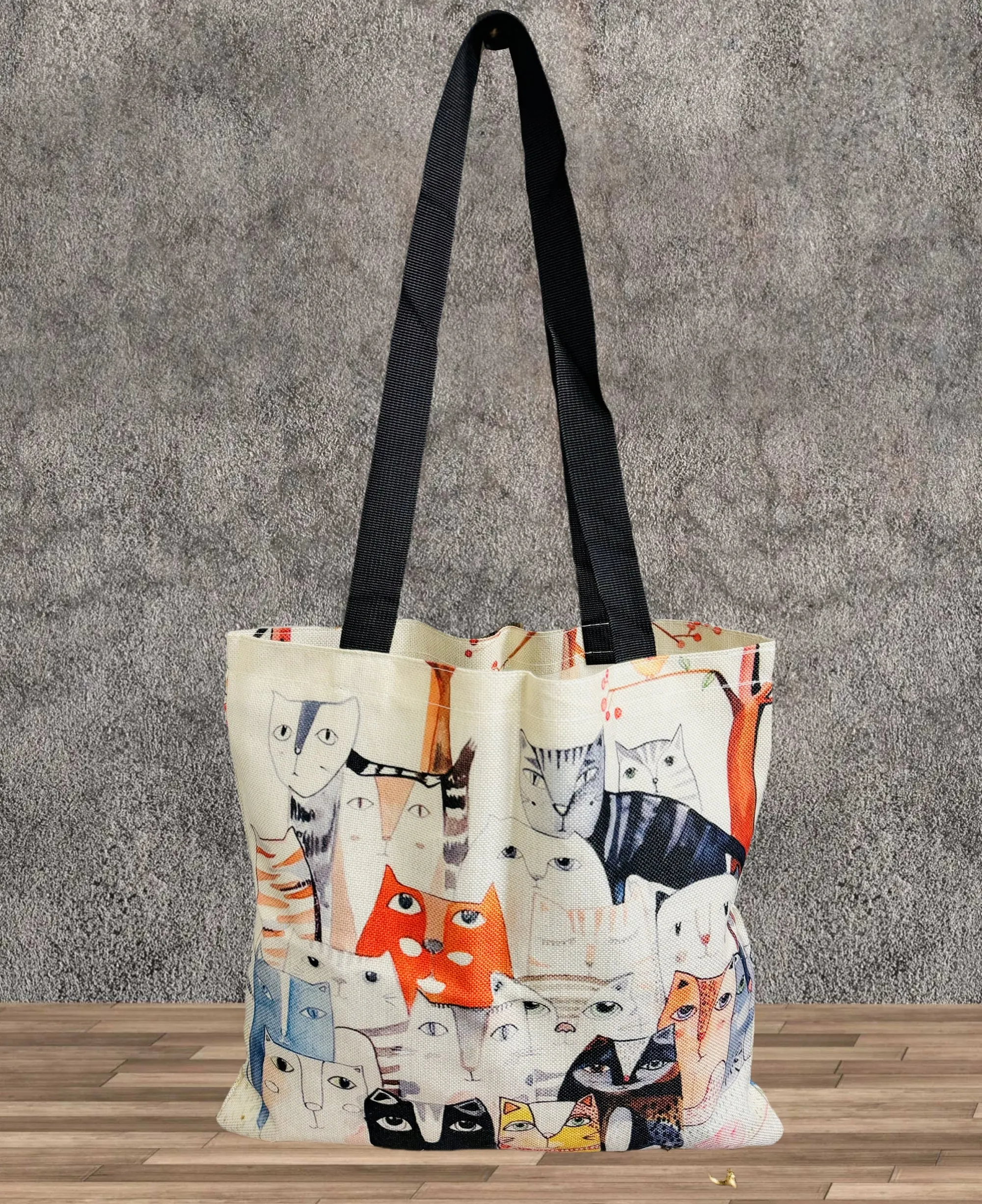 Beige-Multi Cat Linen Tote Bag