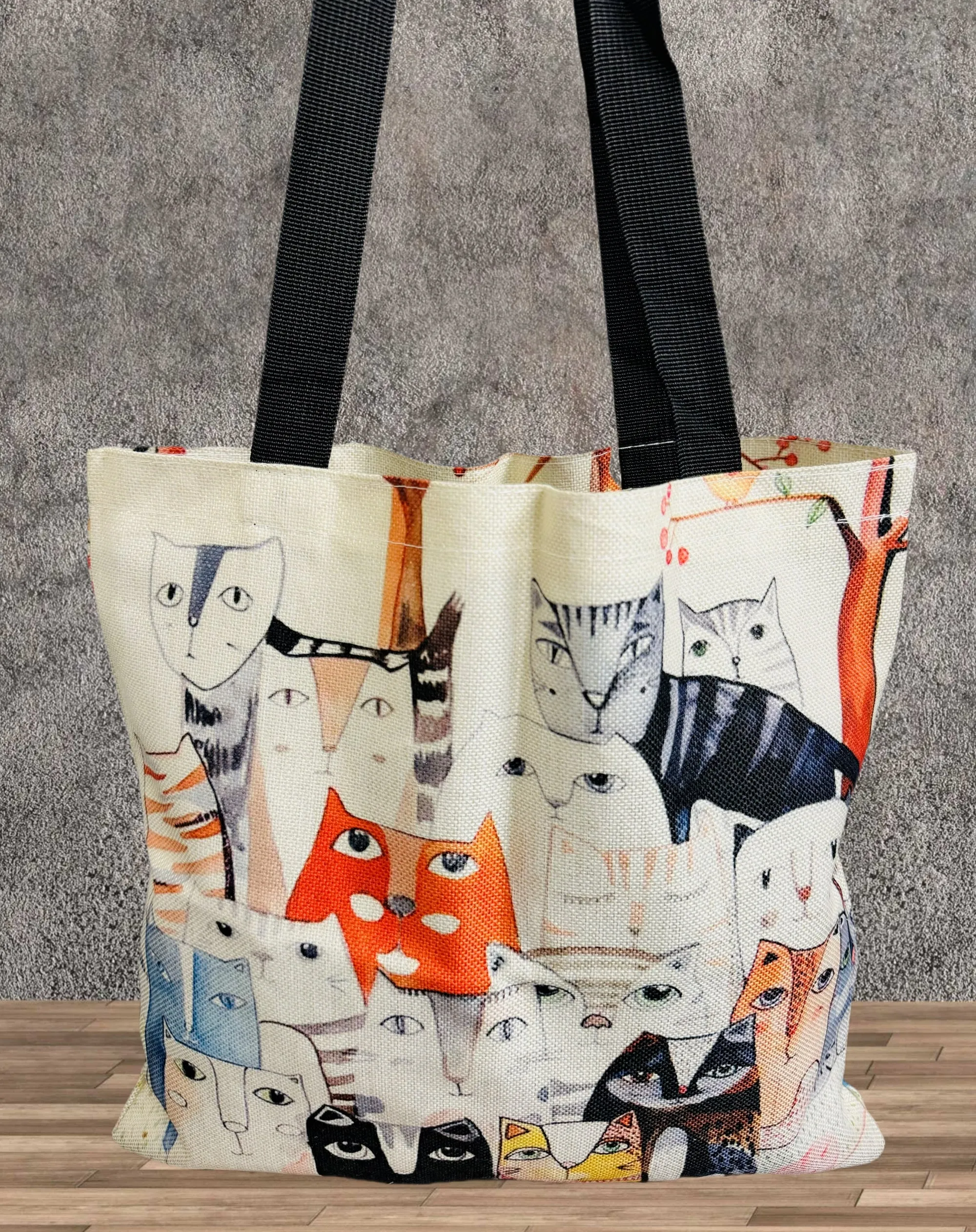 Beige-Multi Cat Linen Tote Bag