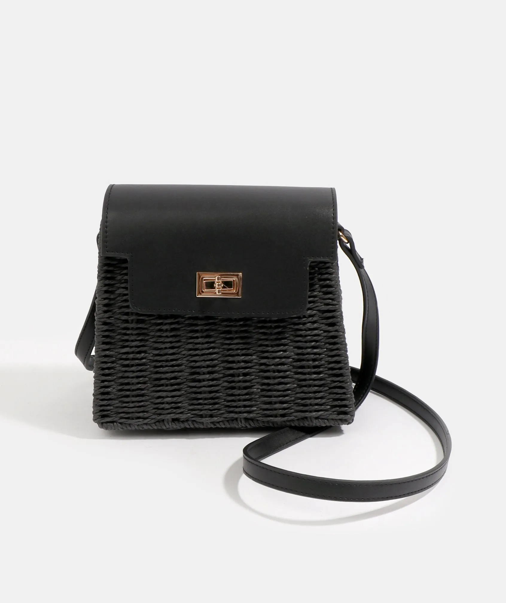 Black Straw Bag with Gold Closures and a Long Adjustable Strap