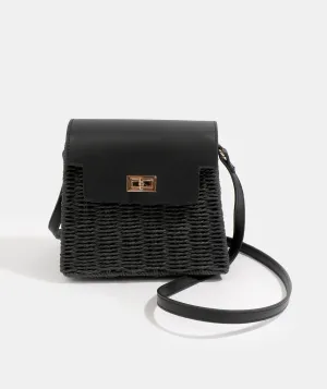Black Straw Bag with Gold Closures and a Long Adjustable Strap