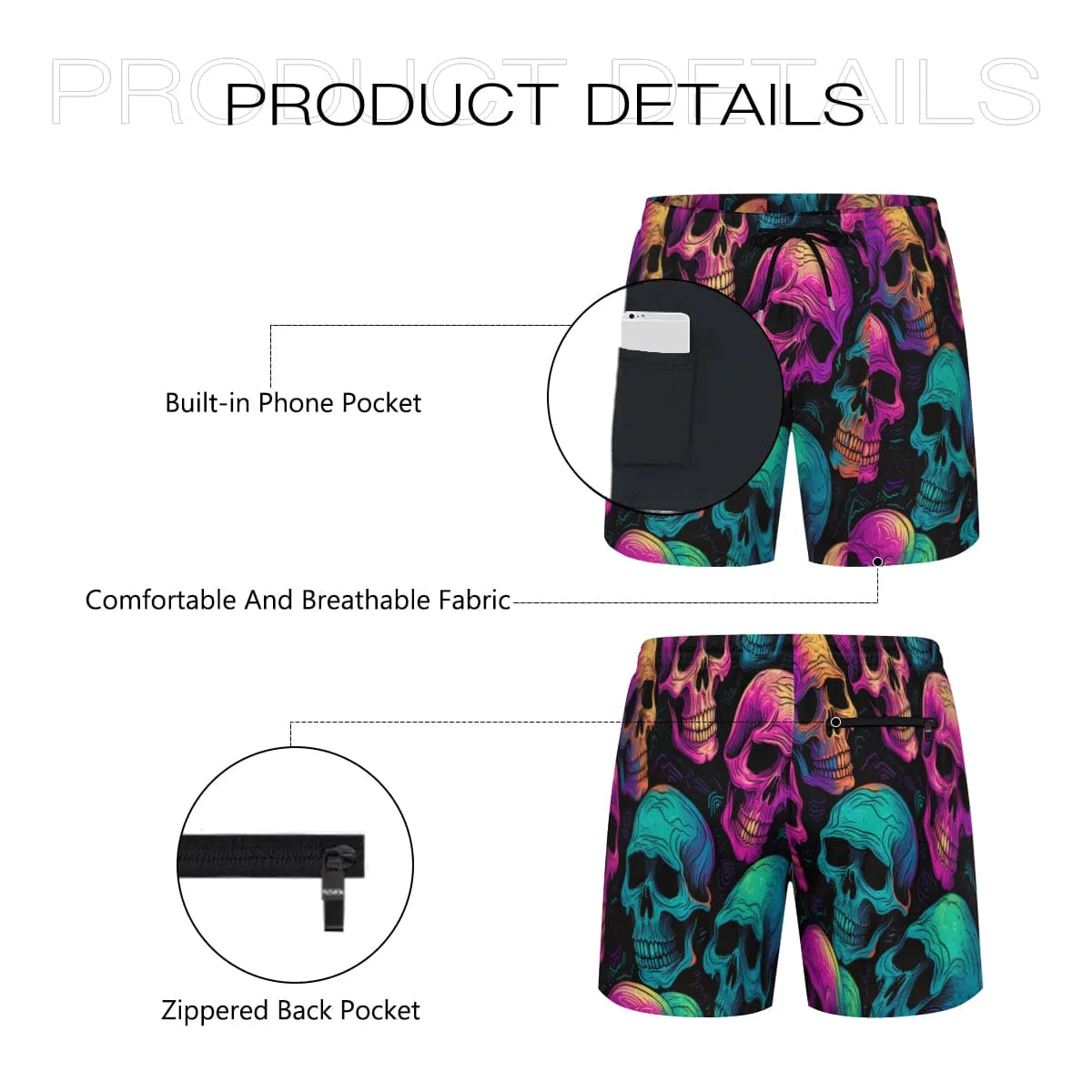 Bold and Striking Black Patterned Beach Shorts with Vibrant Skull Design