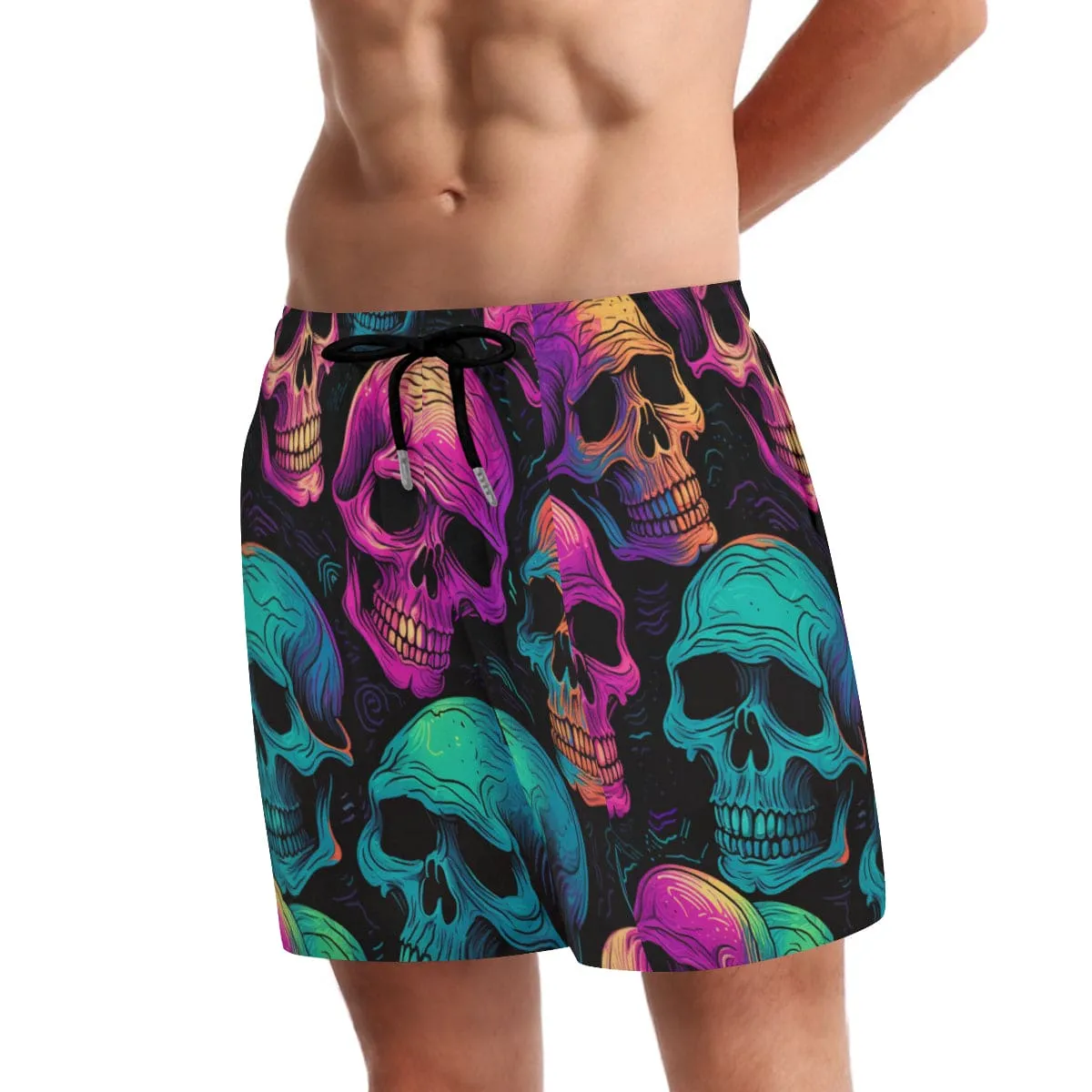 Bold and Striking Black Patterned Beach Shorts with Vibrant Skull Design