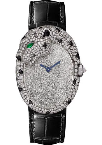 Cartier Panthere Lovee Watch - White Gold Diamond Case - Diamond-Set Shagreen Dial - Black Alligator Strap - HPI01352