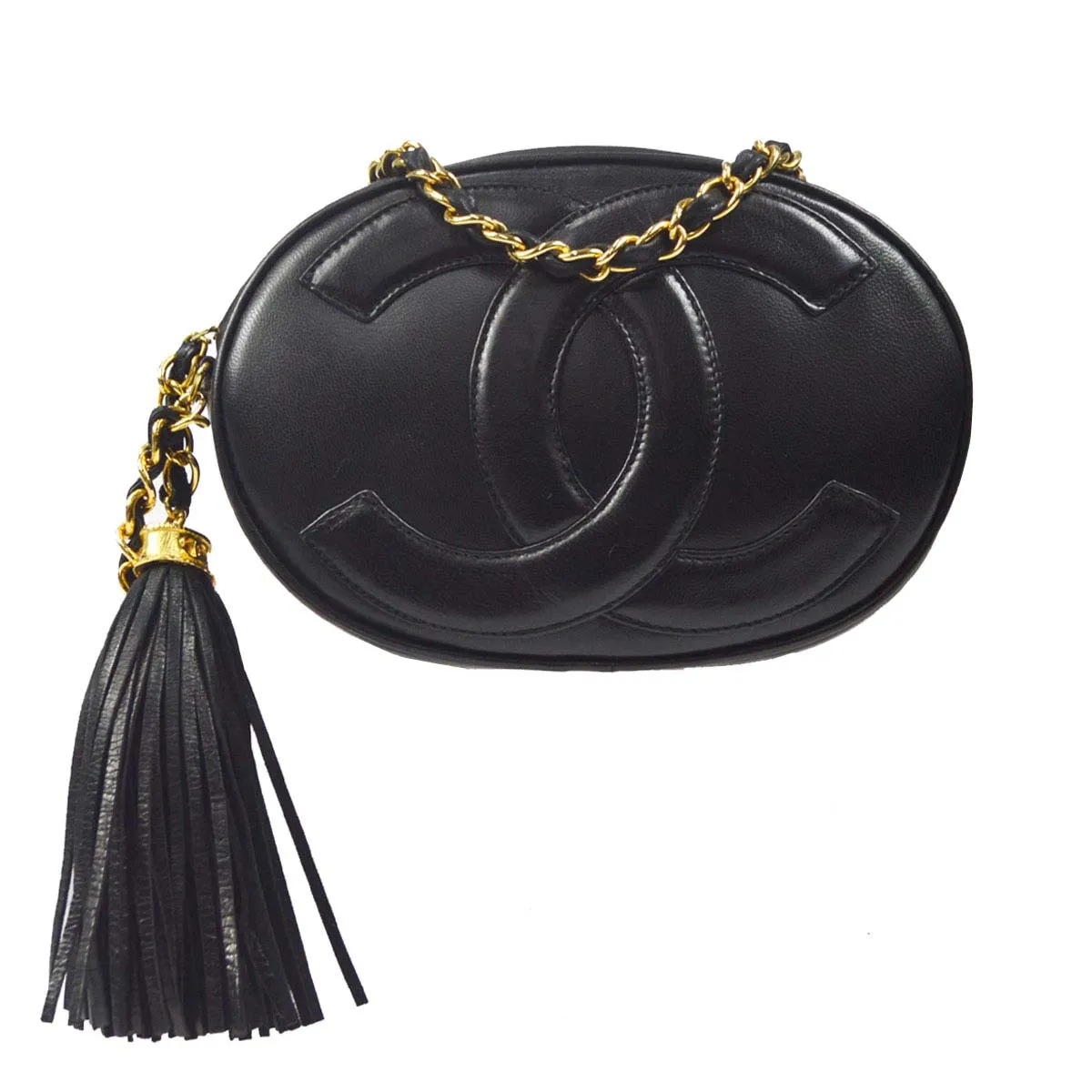 CHANEL 1989-1991 Oval Shoulder Bag Black Lambskin 48526