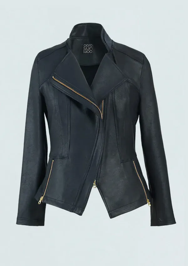 Clara Sunwoo Classic Liquid "Leather" Jacket With Hem Zip Details - Black