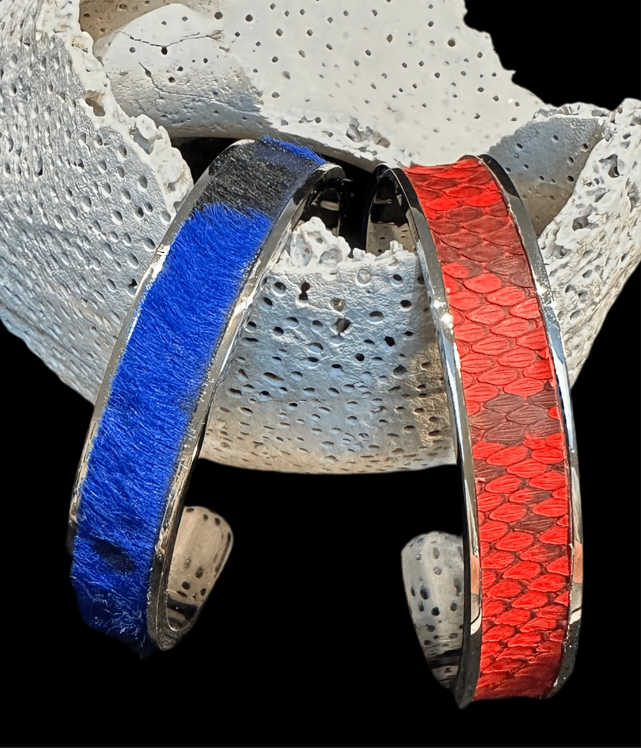 Cuff Bracelets - Stainless Steel with Leather or Hair Hide