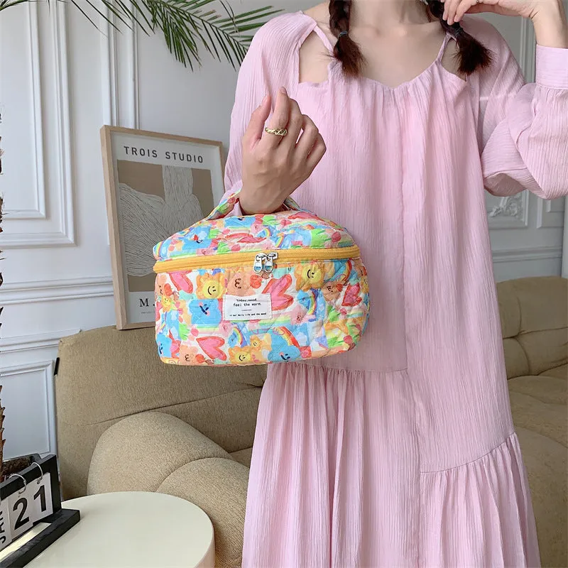 Cute Floral Smiley Face Dots Quilted cotton Large Makeup Bag