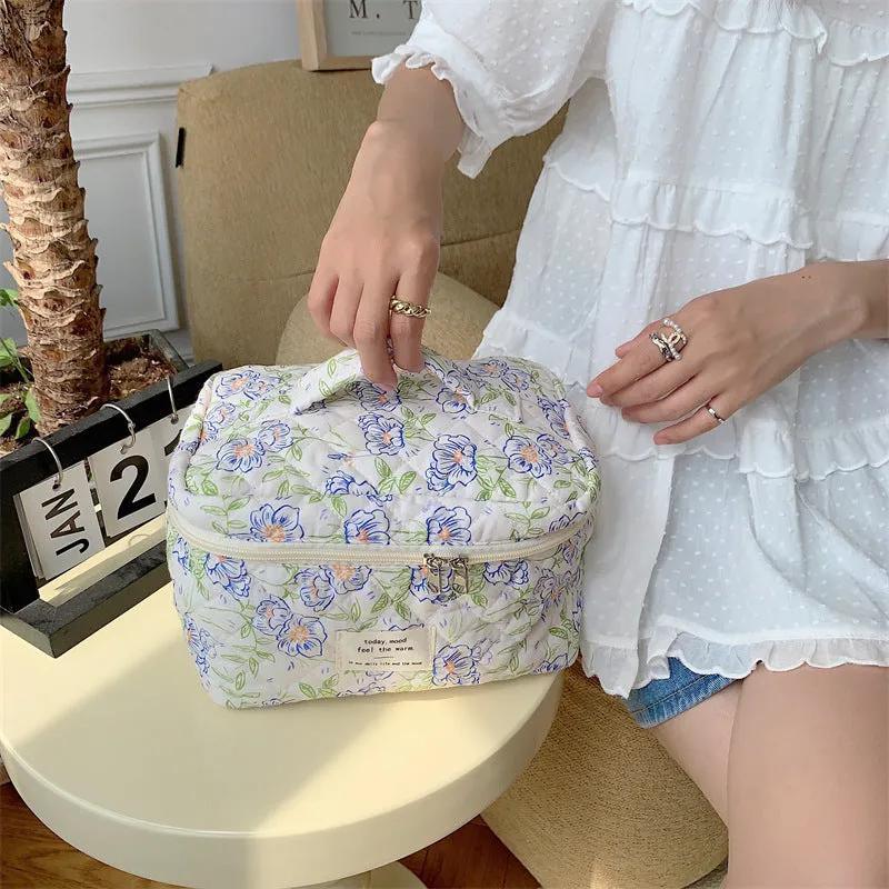 Cute Floral Smiley Face Dots Quilted cotton Large Makeup Bag