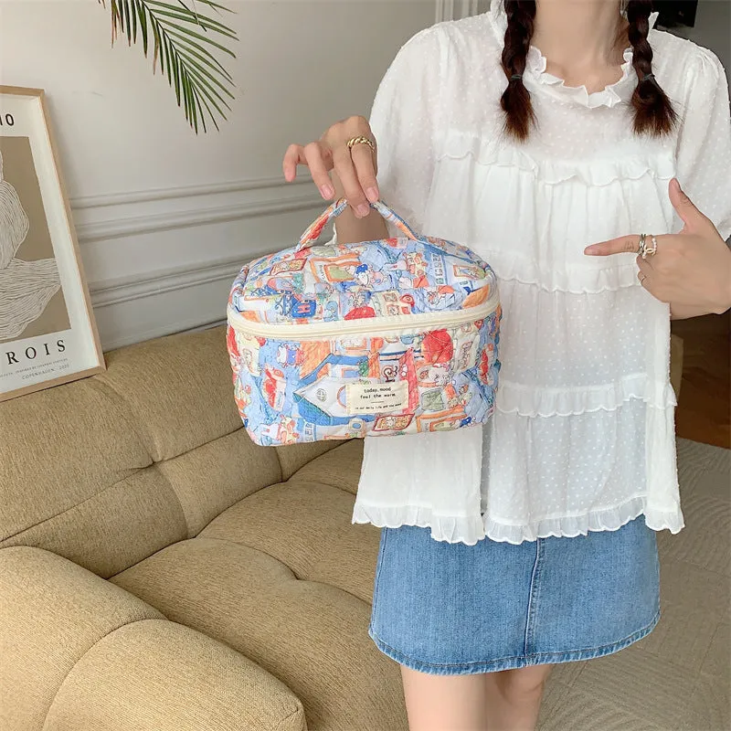 Cute Floral Smiley Face Dots Quilted cotton Large Makeup Bag