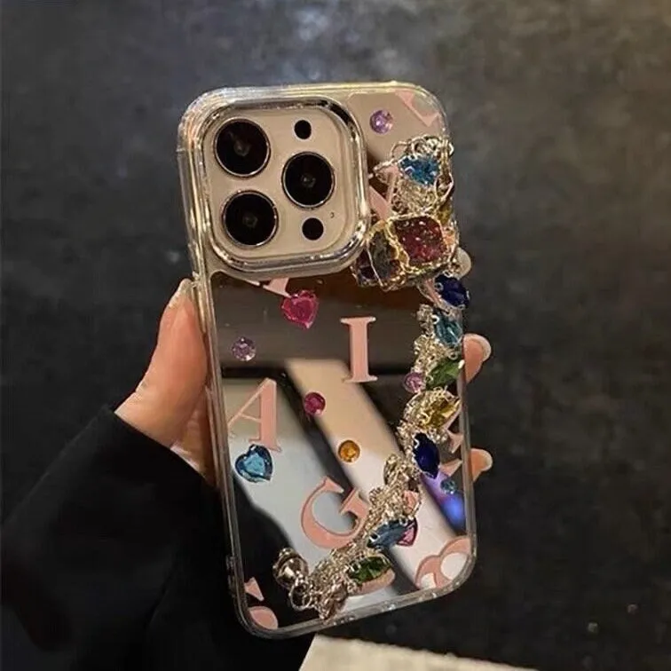 Cute Silver Mirror Gem Studs Colorful Alphabets Print Design Protective Phone Case   Gem Chain Strap for iPhone 11 12 13 14 15 Pro Max Case