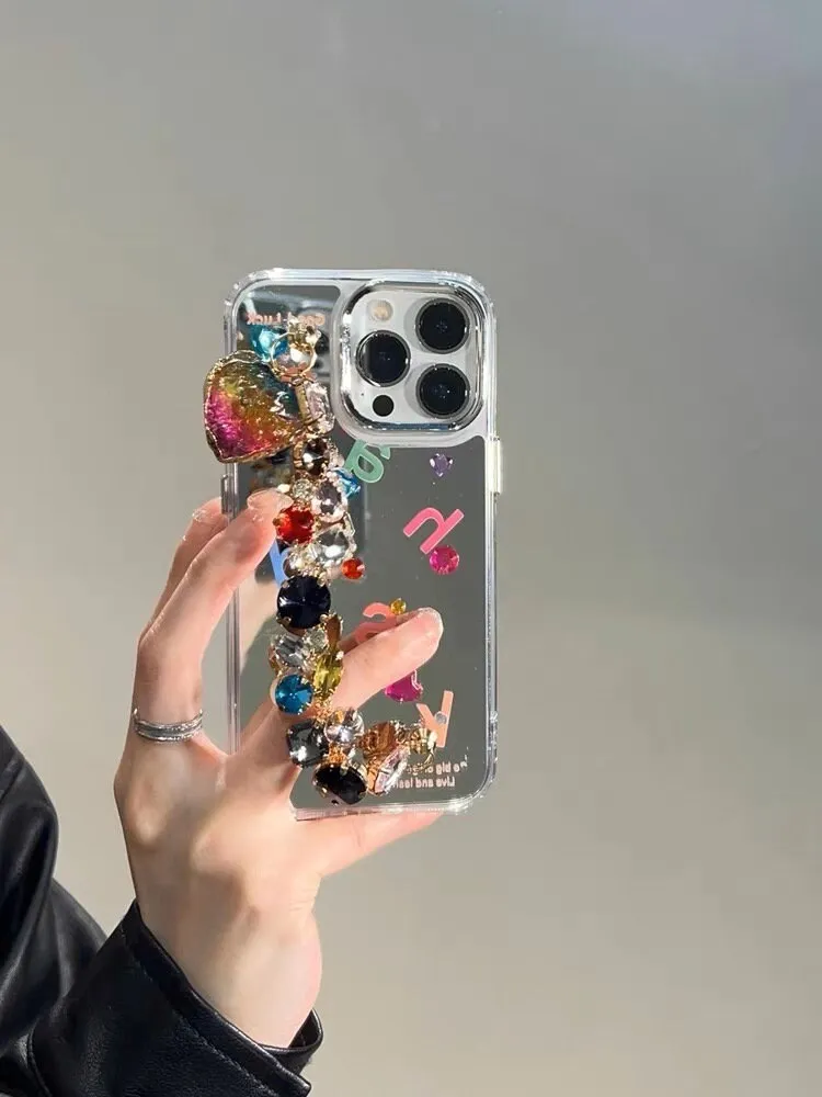 Cute Silver Mirror Gem Studs Colorful Alphabets Print Design Protective Phone Case   Gem Chain Strap for iPhone 11 12 13 14 15 Pro Max Case