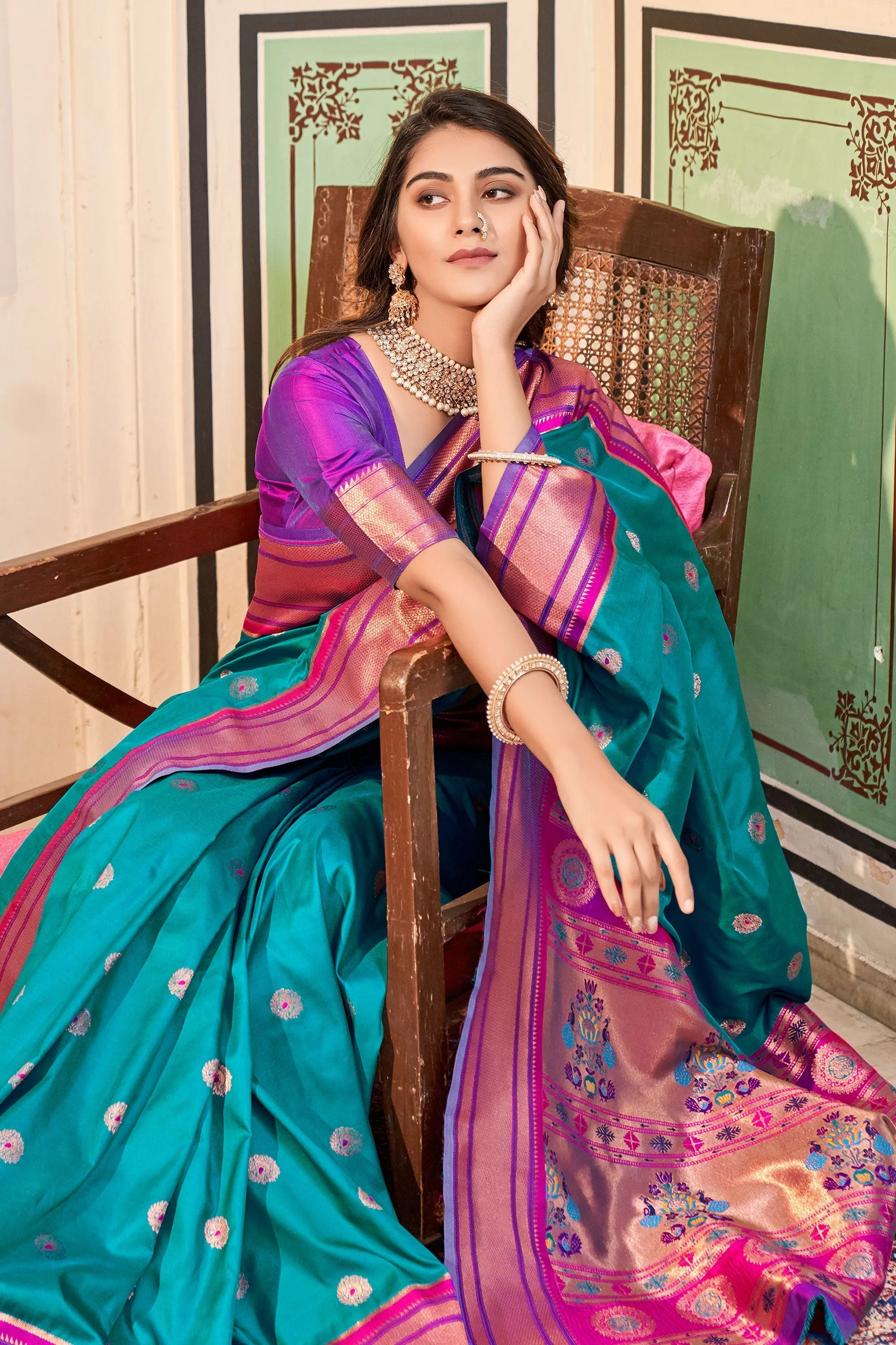 Cyan Color Gorgeous Weaving Designs Paithani Silk Saree