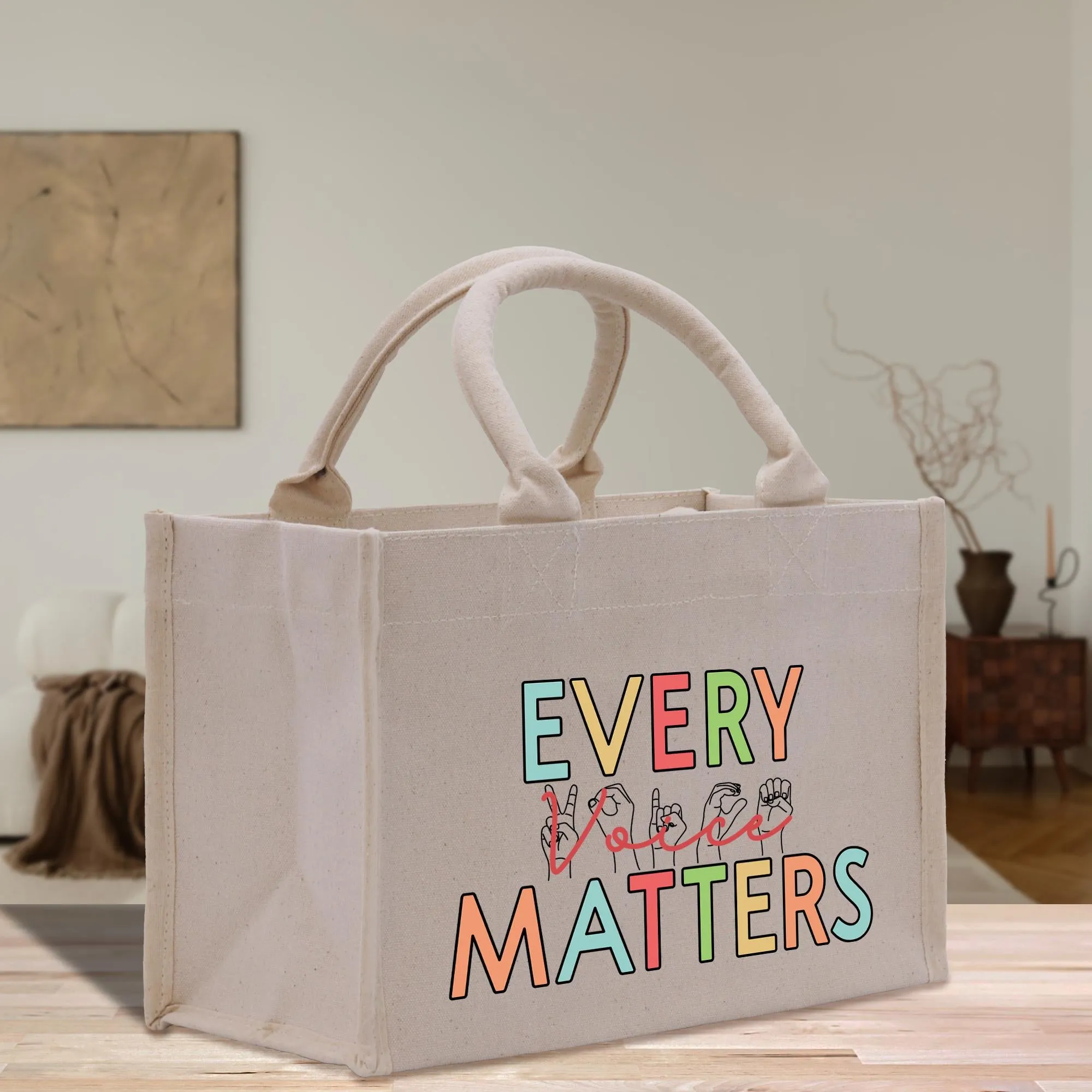Every Voice Matter Cotton Canvas Small Tote Bag Sign Language Gift for SLP Gift Name Sign Language Gift for Deaf (SLT1006)