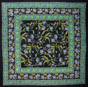 French Floral Square Cotton Tablecloth 60" x 60" Blue on Black