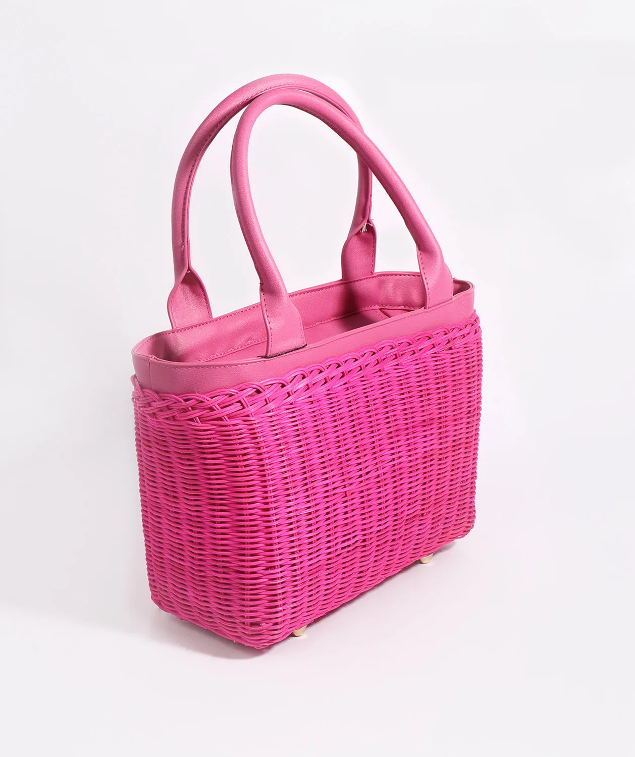Fuchsia Rattan Woven Bag with Twin Handles and Zip Closure
