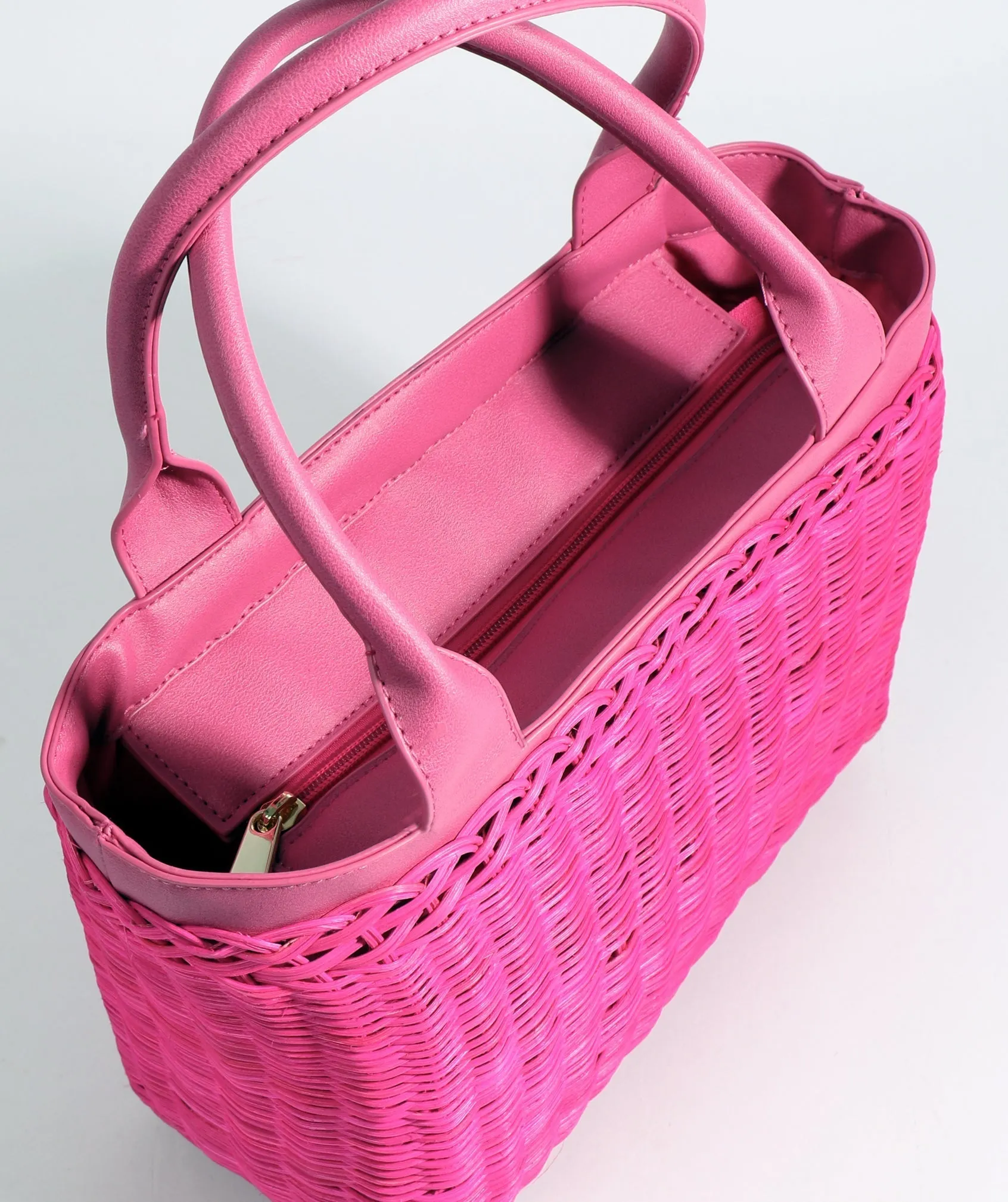 Fuchsia Rattan Woven Bag with Twin Handles and Zip Closure