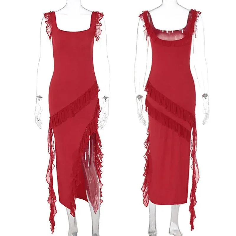 Giyu Chic Red & Black Ruffle Dress: Elegant Summer Gown - Striking Fashion Statement