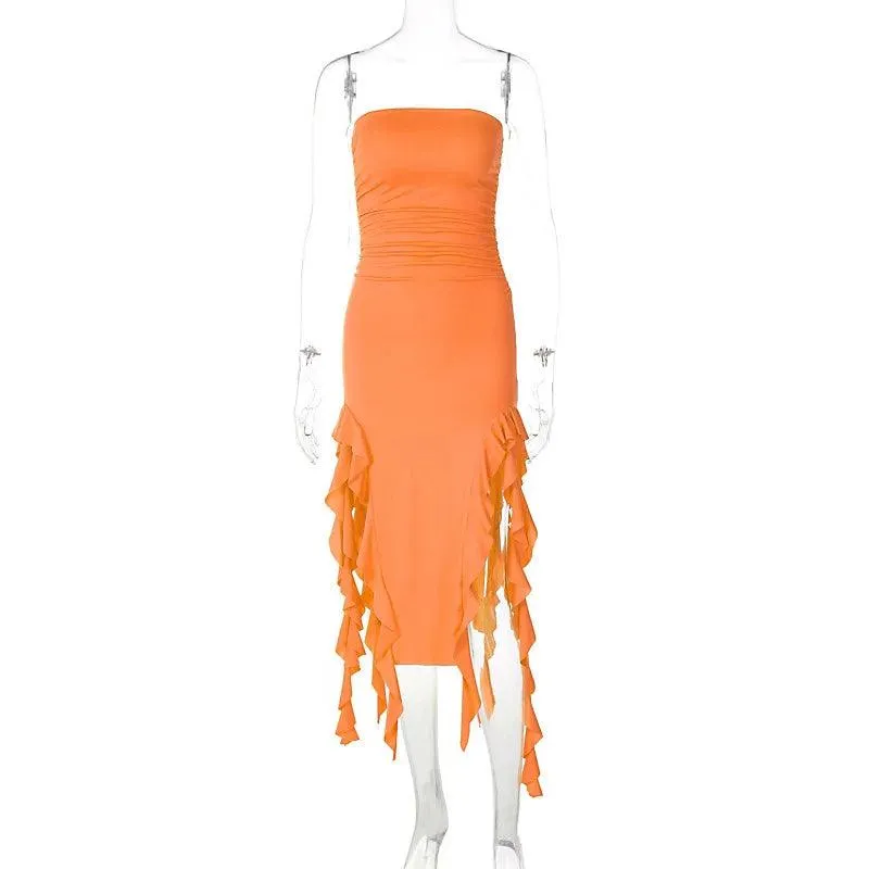 Giyu Chic Red & Black Ruffle Dress: Elegant Summer Gown - Striking Fashion Statement