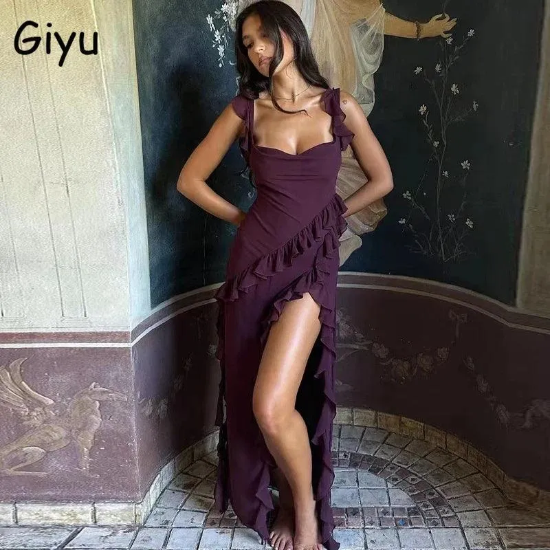 Giyu Chic Red & Black Ruffle Dress: Elegant Summer Gown - Striking Fashion Statement