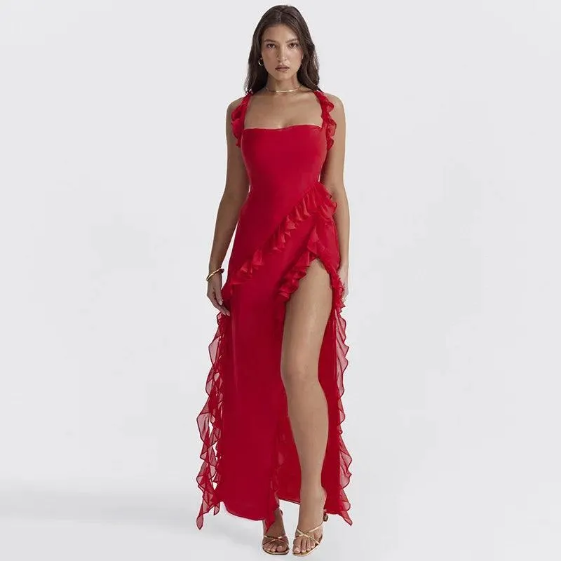 Giyu Chic Red & Black Ruffle Dress: Elegant Summer Gown - Striking Fashion Statement