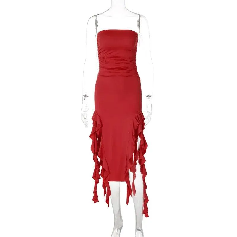 Giyu Chic Red & Black Ruffle Dress: Elegant Summer Gown - Striking Fashion Statement