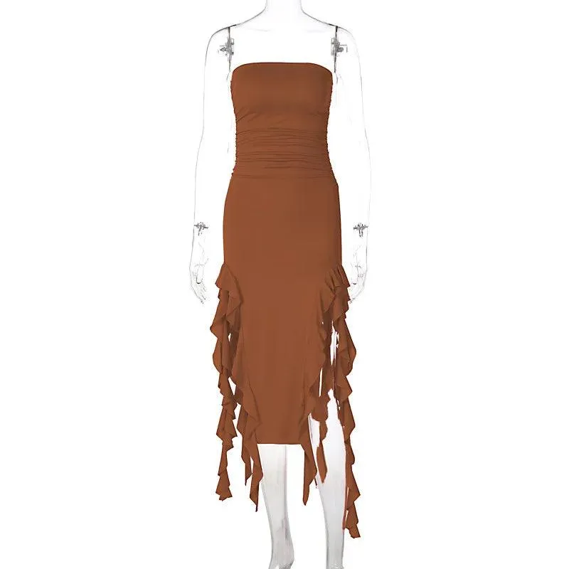 Giyu Chic Red & Black Ruffle Dress: Elegant Summer Gown - Striking Fashion Statement