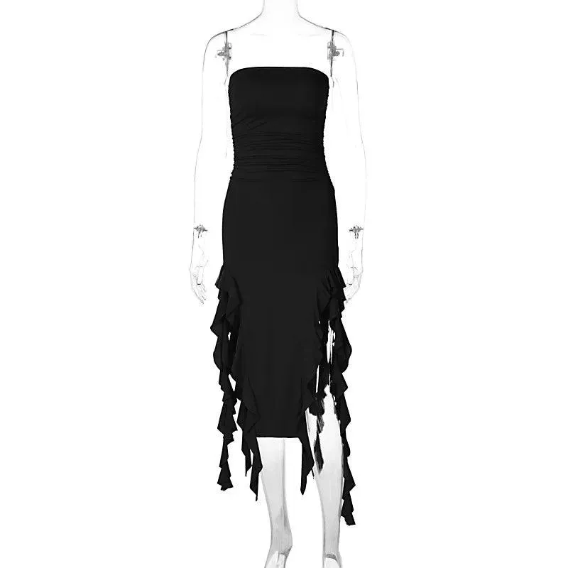 Giyu Chic Red & Black Ruffle Dress: Elegant Summer Gown - Striking Fashion Statement