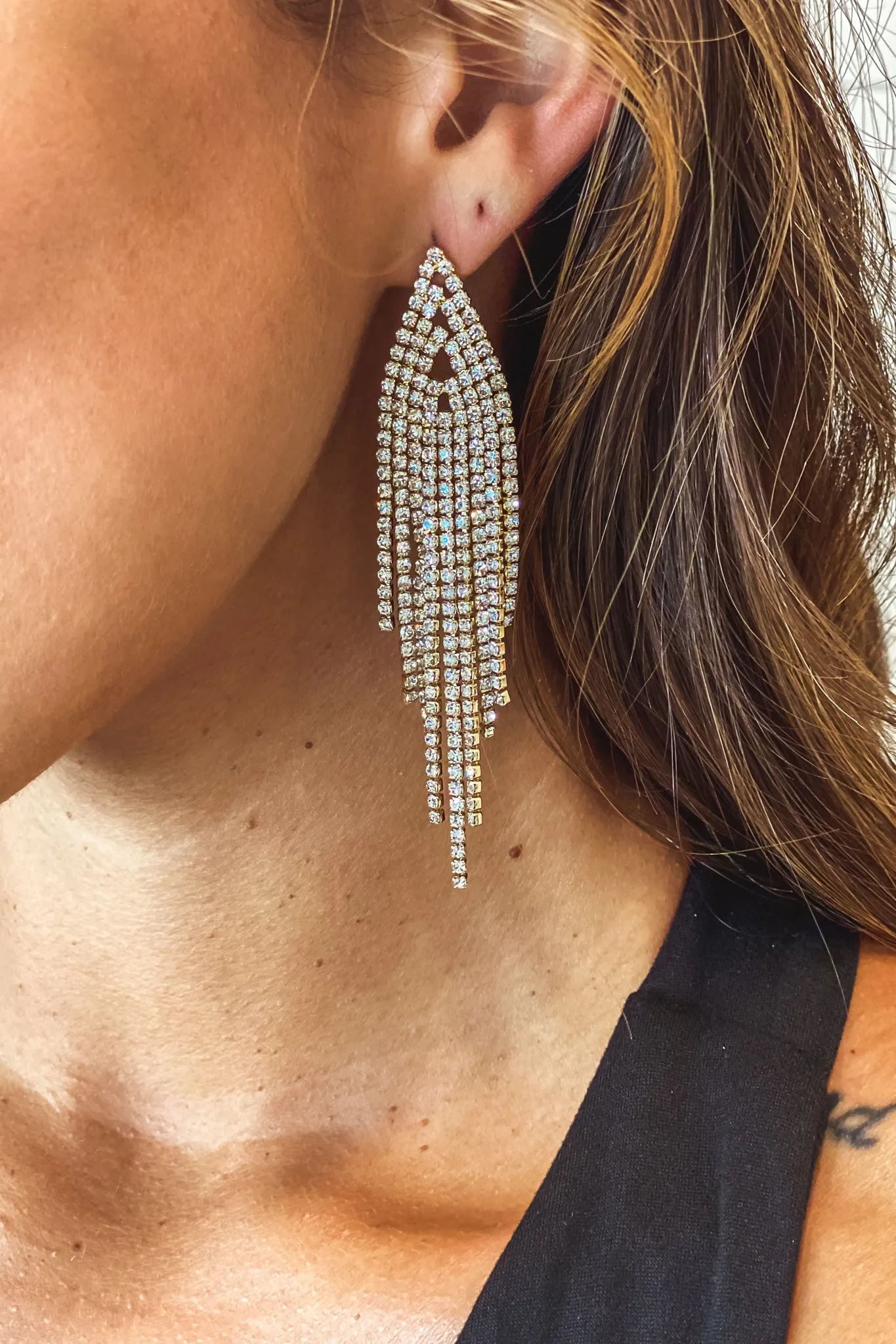 Gold Rhinestone Tassel Drop Earrings