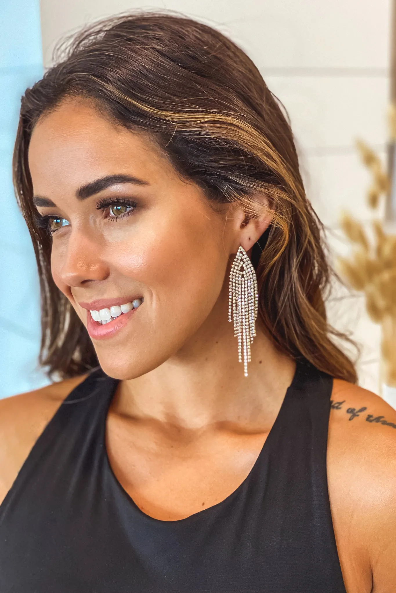 Gold Rhinestone Tassel Drop Earrings
